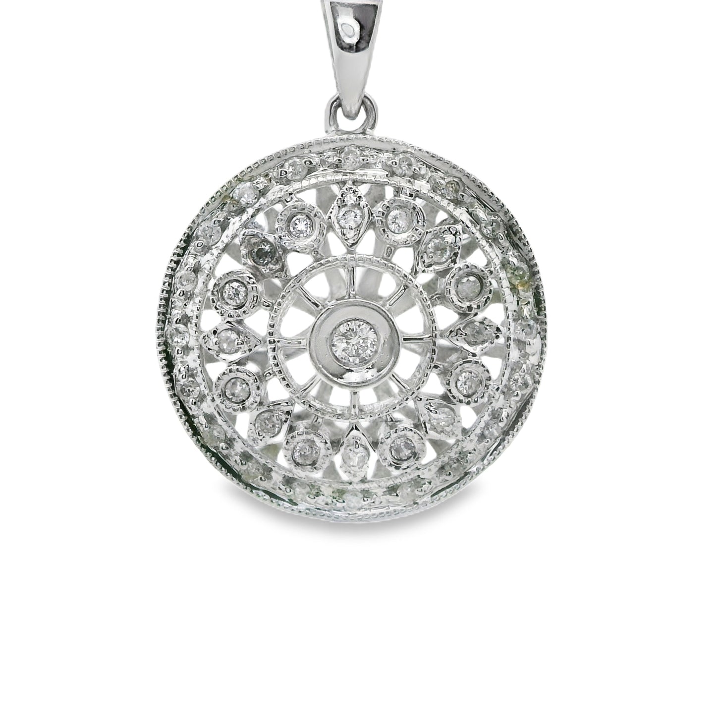 Vintage Art Deco Sun Pendant Necklace in 14K White Gold