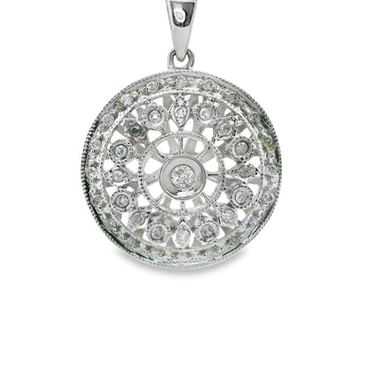 Vintage Art Deco Sun Pendant Necklace in 14K White Gold
