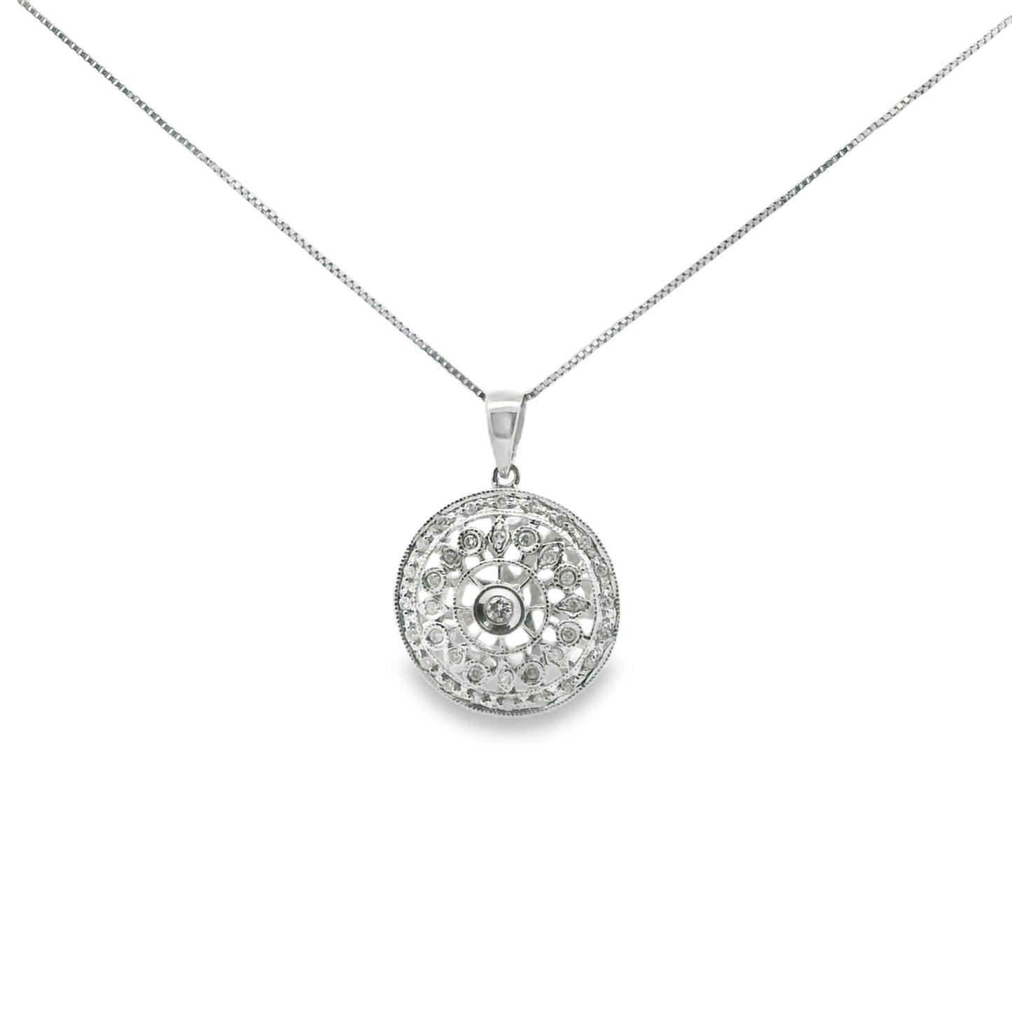 Vintage Art Deco Sun Pendant Necklace in 14K White Gold