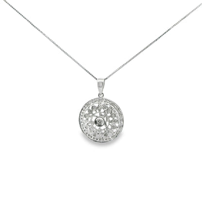 Vintage Art Deco Sun Pendant Necklace in 14K White Gold