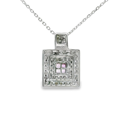 Vintage Style Square Diamond and Pink Sapphire Pendant in 14K White Gold