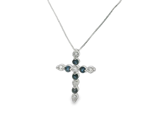 Sapphire and Diamond Shared Prong Cross in 14K White Gold