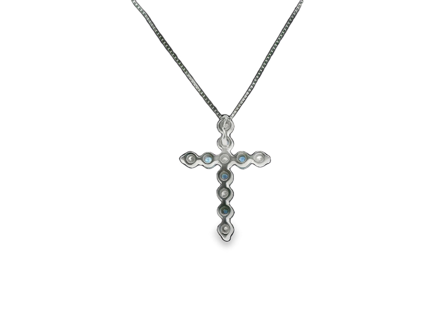 Sapphire and Diamond Shared Prong Cross in 14K White Gold