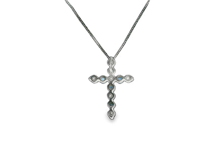Sapphire and Diamond Shared Prong Cross in 14K White Gold