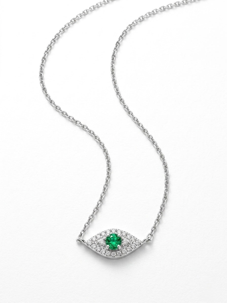 Evil Eye Sapphire or Emerald Diamond Necklace in 14K Gold