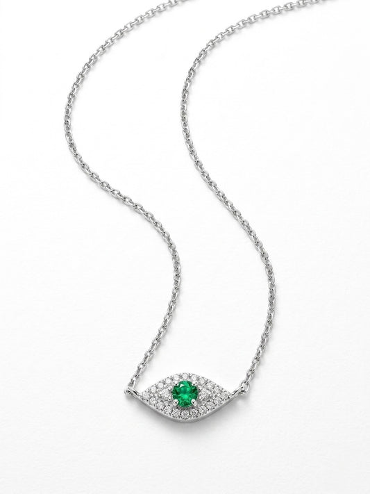 Evil Eye Sapphire or Emerald Diamond Necklace in 14K Gold