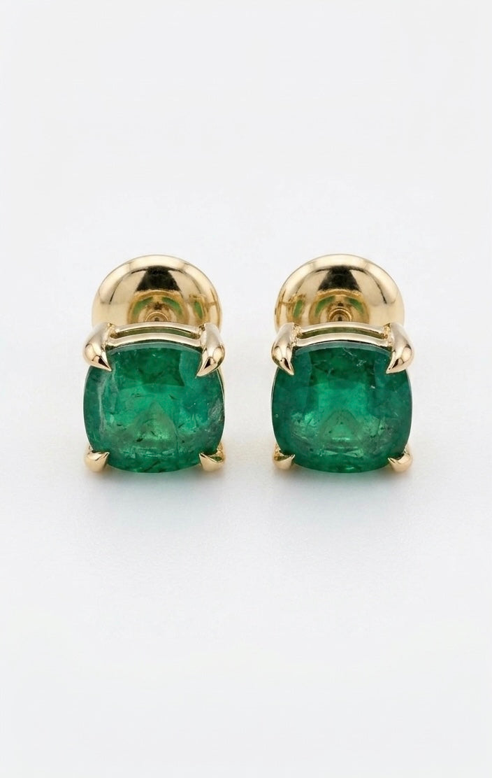 Green Emerald Cushion Cut Studs in 14K Yellow Gold