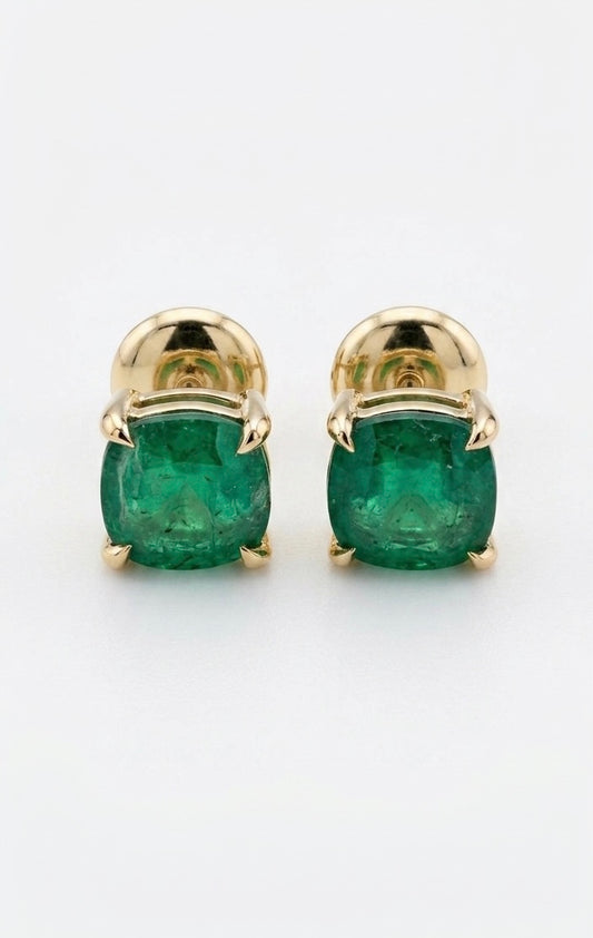 Green Emerald Cushion Cut Studs in 14K Yellow Gold