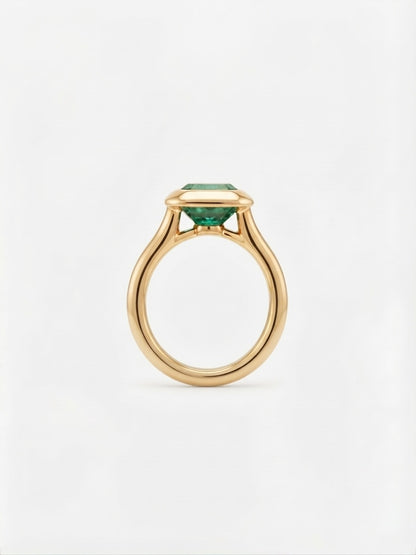 Zambian Green Emerald Bezel Statement Ring in 18K Gold