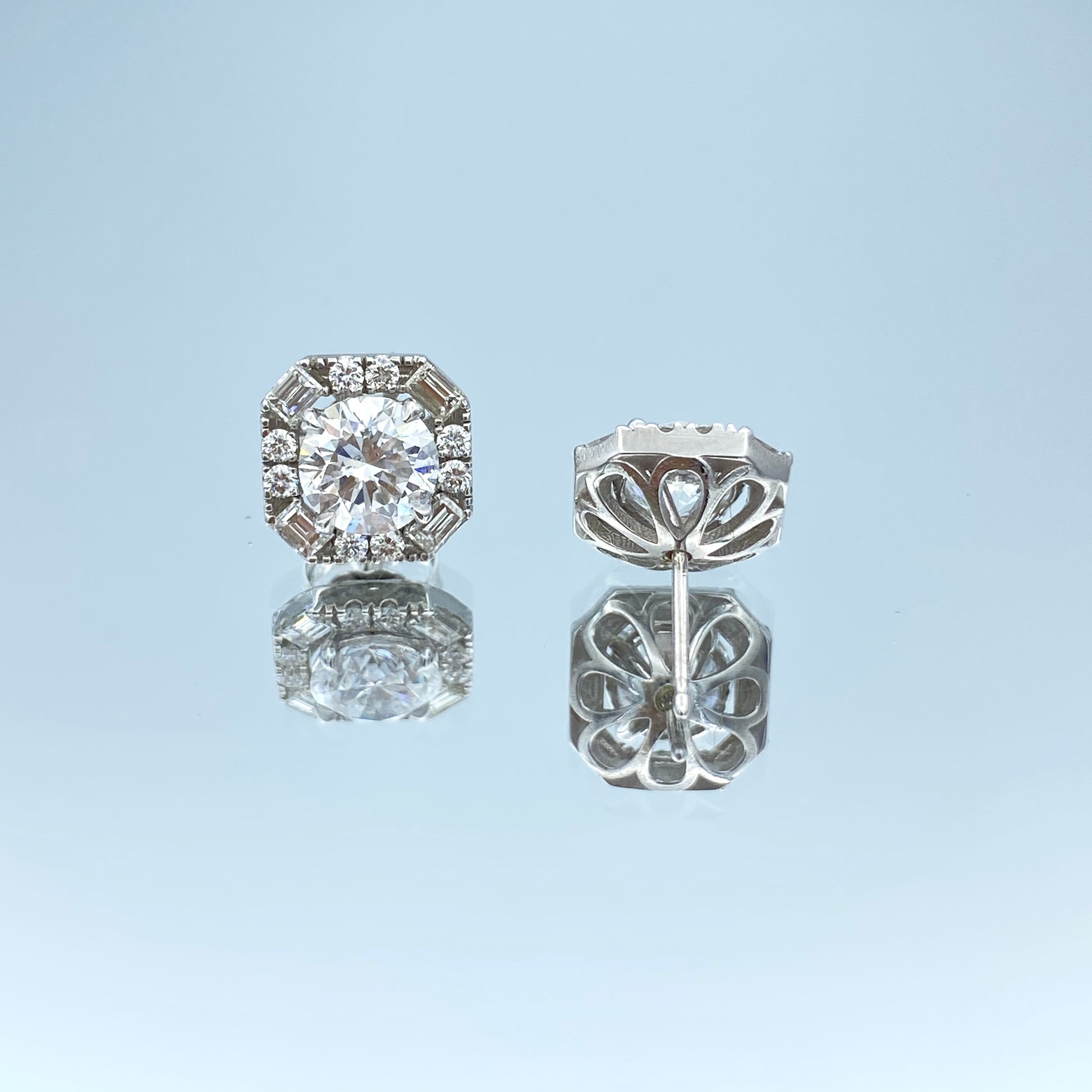 Round and Baguette-Cut Diamond Jacket Earrings in 14K White Gold - L and L Jewelry