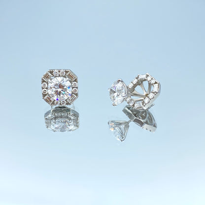 Round and Baguette-Cut Diamond Jacket Earrings in 14K White Gold - L and L Jewelry