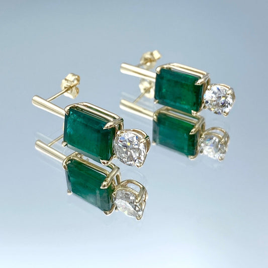 Emerald and Diamond Drop Earrings in 14K Yellow Gold - L and L Jewelry