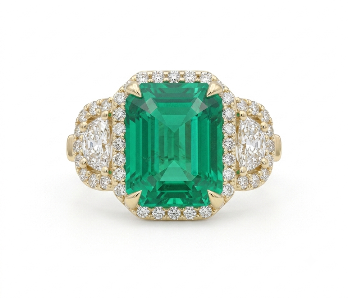 Loverly Grey Three Stone Green Emerald & Diamond Halo Ring