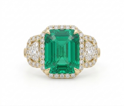 Loverly Grey Three Stone Green Emerald & Diamond Halo Ring