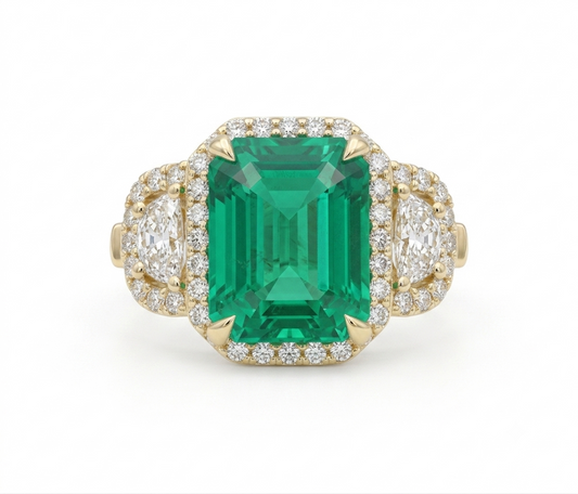 Loverly Grey Three Stone Green Emerald & Diamond Halo Ring