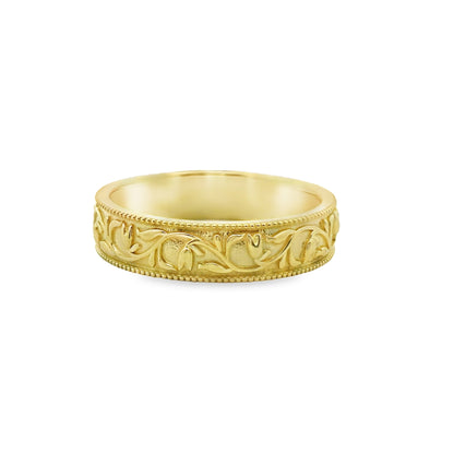 Vintage Floral Design Men's Wedding Band Ring in 14K Yellow Gold