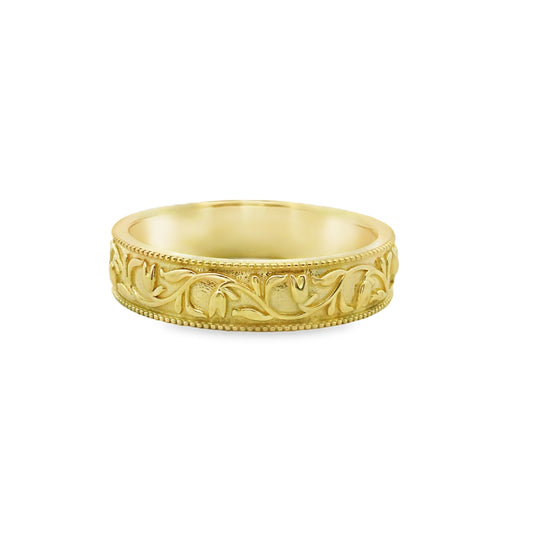 Vintage Floral Design Men's Wedding Band Ring in 14K Yellow Gold