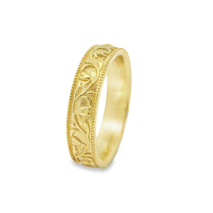 Vintage Floral Design Men's Wedding Band Ring in 14K Yellow Gold