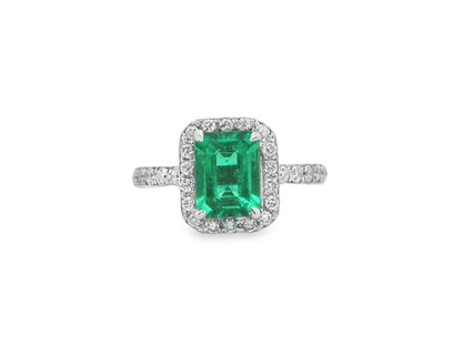 Green Emerald Ring with Diamond Halo in 14K White Gold