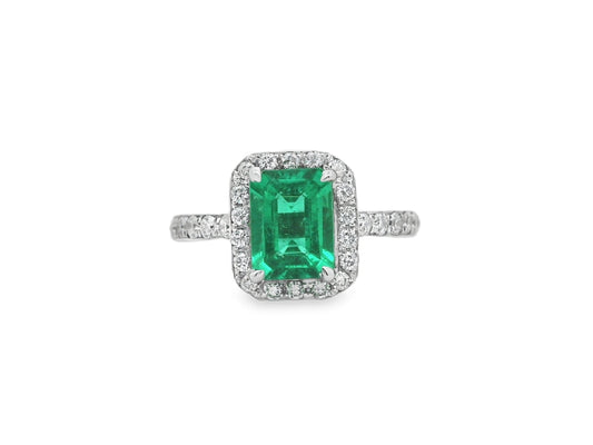 Green Emerald Ring with Diamond Halo in 14K White Gold