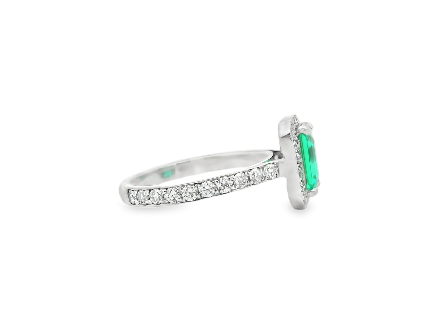Green Emerald Ring with Diamond Halo in 14K White Gold