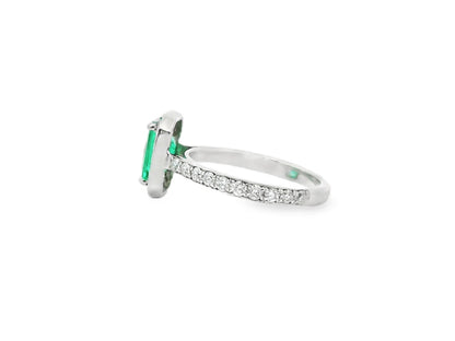 Green Emerald Ring with Diamond Halo in 14K White Gold