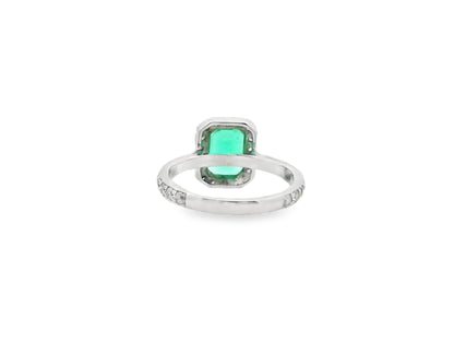 Green Emerald Ring with Diamond Halo in 14K White Gold