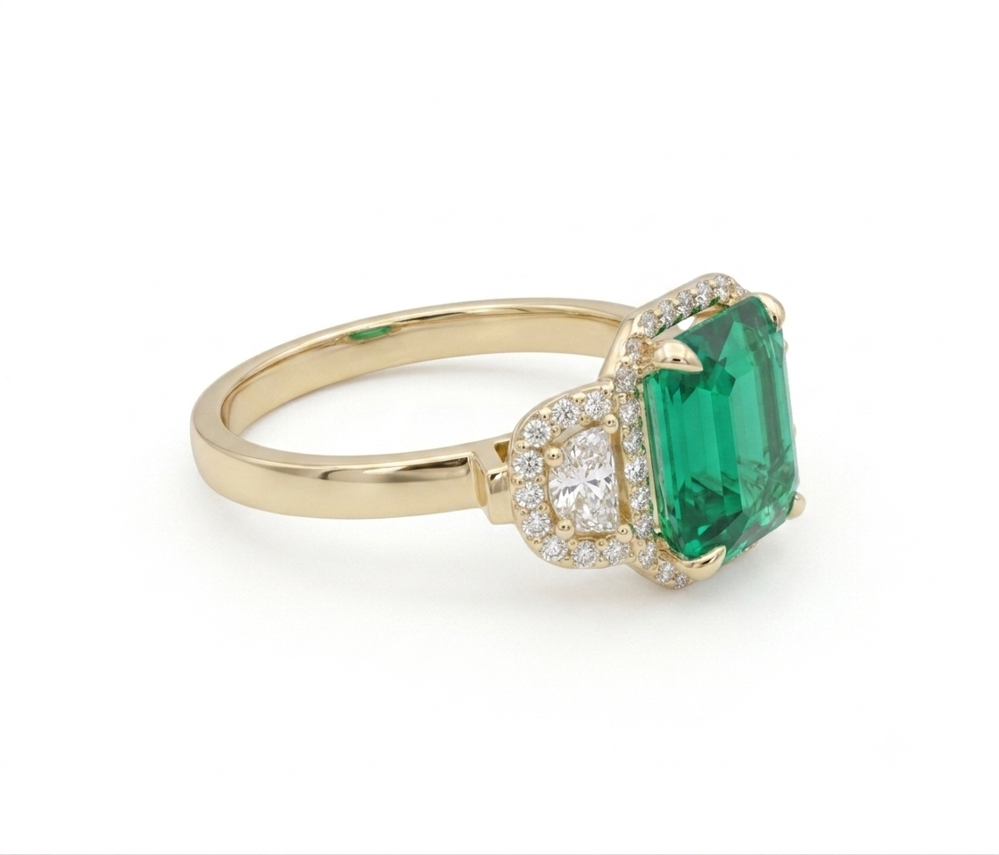 Loverly Grey Three Stone Green Emerald & Diamond Halo Ring