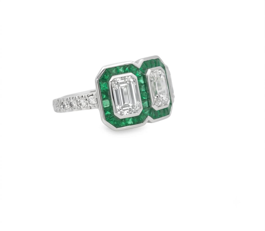 Green Emerald and Diamond Emerald-Cut Three Stone Heirloom Statement Ring