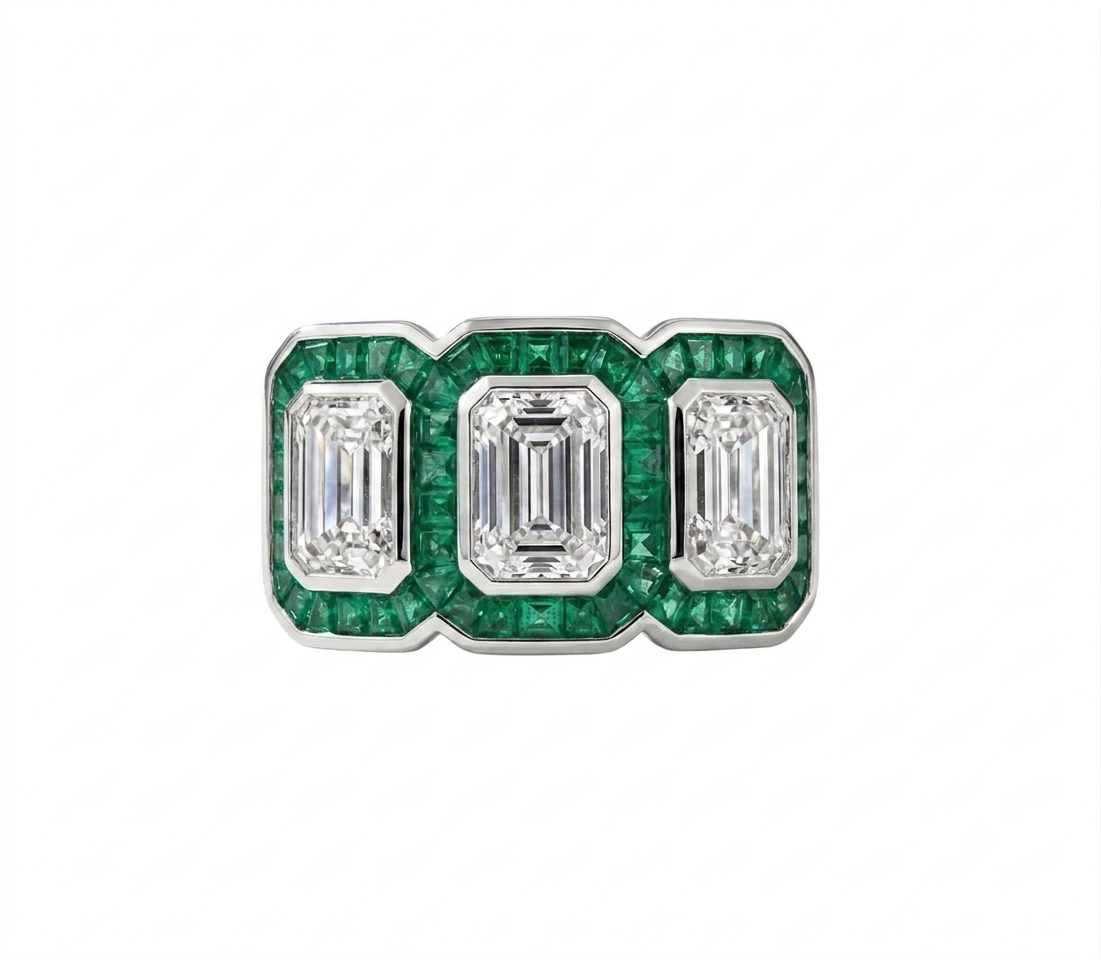 Green Emerald and Diamond Emerald-Cut Three Stone Heirloom Statement Ring