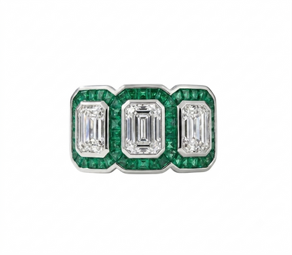 Green Emerald and Diamond Emerald-Cut Three Stone Heirloom Statement Ring