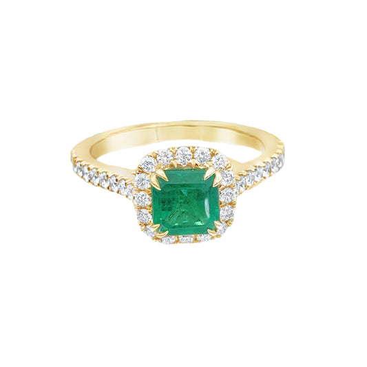 Emerald and Diamond Halo Ring in 14K Yellow Gold