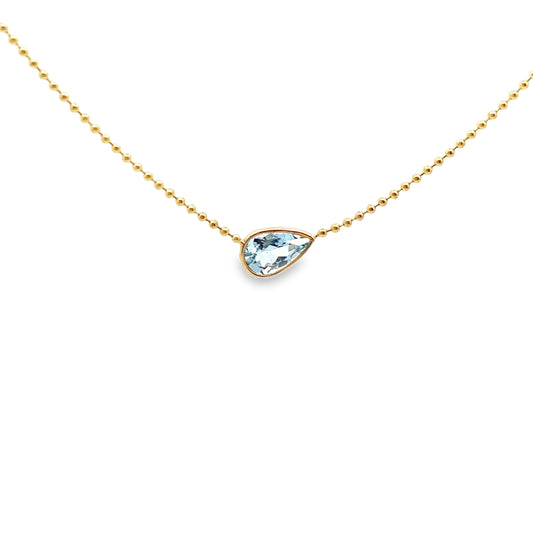 Pear-Cut Aquamarine Bezel Pendant on 14K Yellow Ball Chain