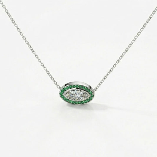 Green Emerald & Marquise Cut Diamond Evil Eye Necklace