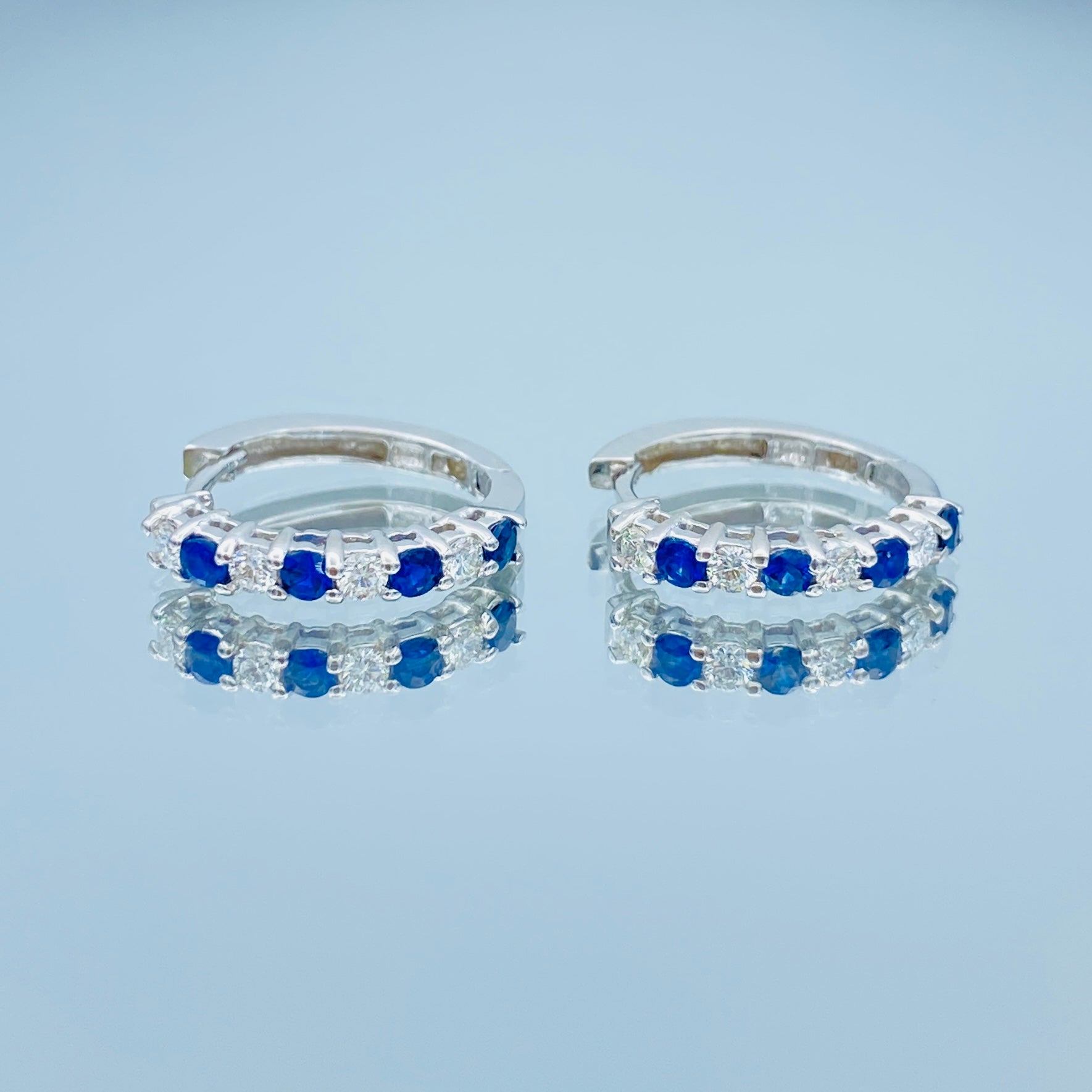 Sapphire and Diamond Huggie Hoop Earrings in 14K White Gold - L and L Jewelry