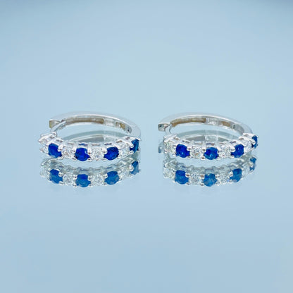 Sapphire and Diamond Huggie Hoop Earrings in 14K White Gold - L and L Jewelry