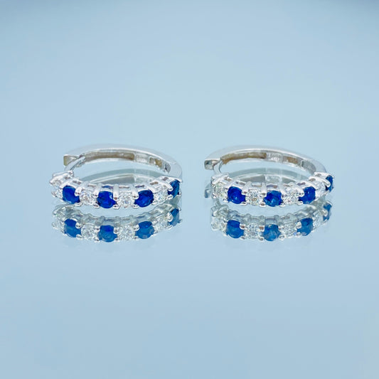 Sapphire and Diamond Huggie Hoop Earrings in 14K White Gold - L and L Jewelry