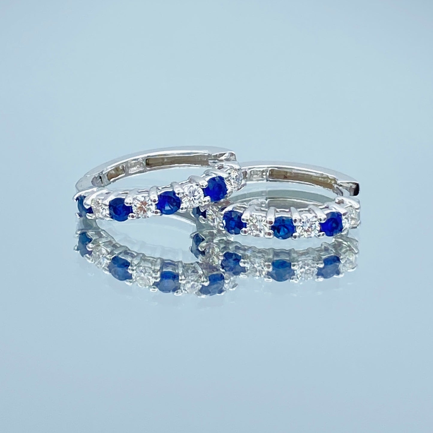 Sapphire and Diamond Huggie Hoop Earrings in 14K White Gold - L and L Jewelry