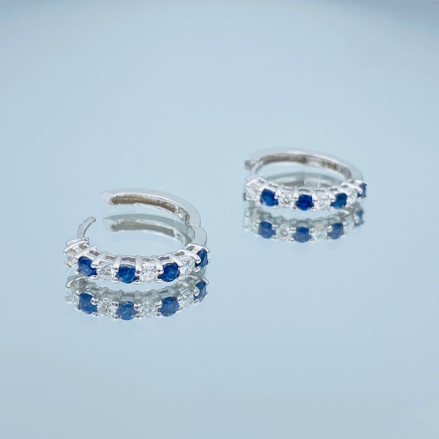 Sapphire and Diamond Huggie Hoop Earrings in 14K White Gold - L and L Jewelry