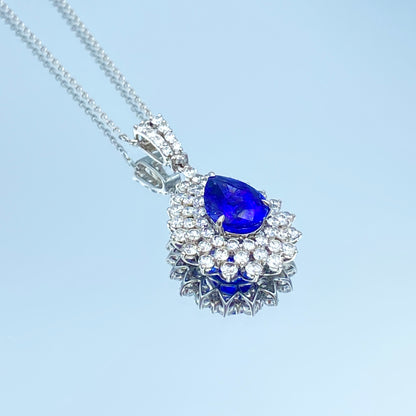 Pear-Cut Tanzanite Pendant with Diamond Halo in 14K White Gold - L and L Jewelry