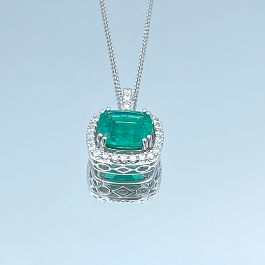 Emerald Pendant Necklace with a Diamond Halo in 14K White Gold - L and L Jewelry