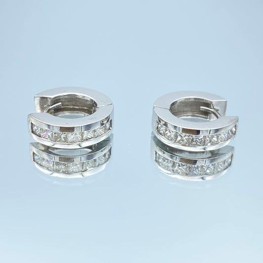 Channel Set Princess Cut Diamond Huggie Hoop Earrings in 14K White Gold - L and L Jewelry