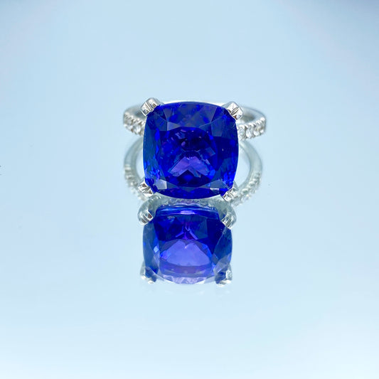 Cushion-Cut Tanzanite Ring with Hidden Diamond Halo in 14K White Gold - L and L Jewelry