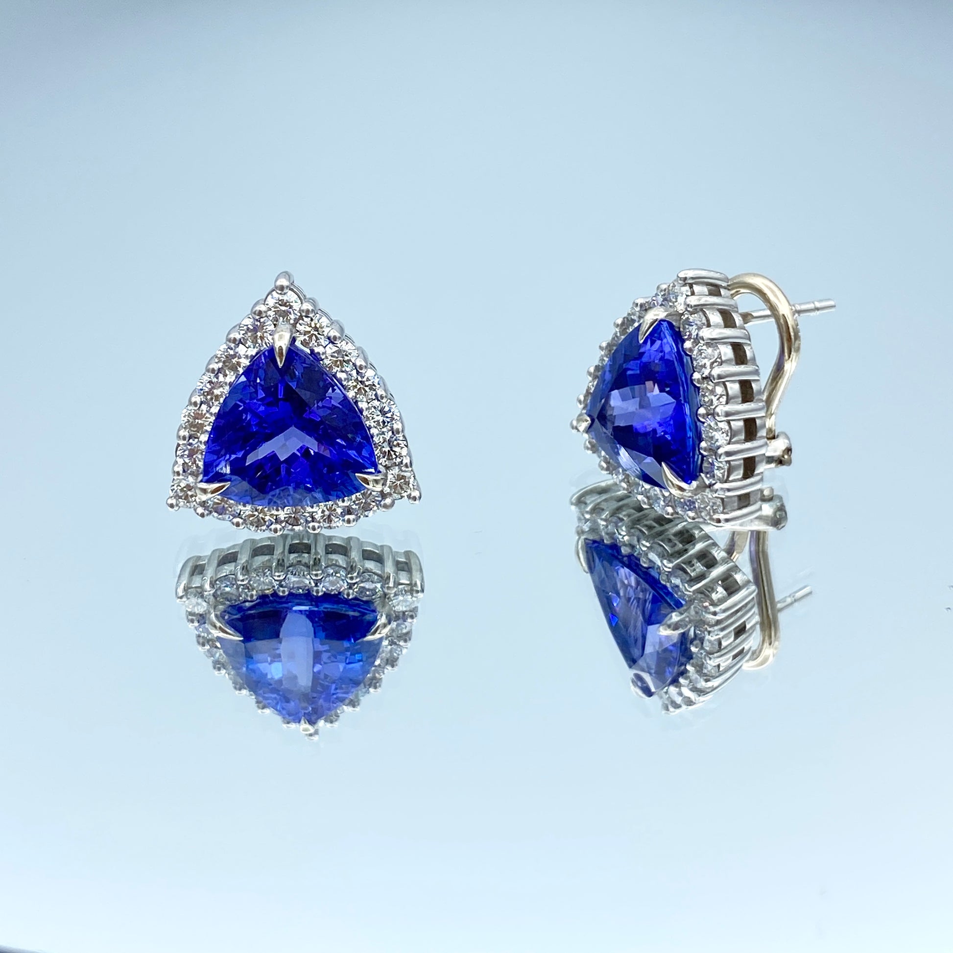 Trillion-Cut Tanzanite Earrings with a Diamond Halo in 14K White Gold - L and L Jewelry