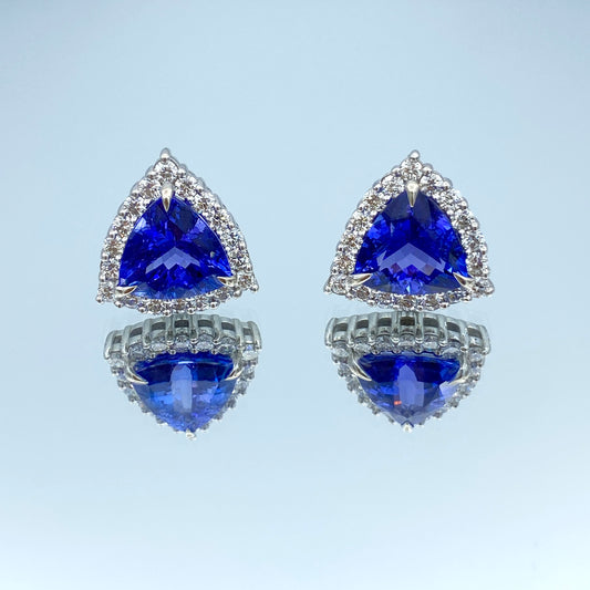 Trillion-Cut Tanzanite Earrings with a Diamond Halo in 14K White Gold - L and L Jewelry