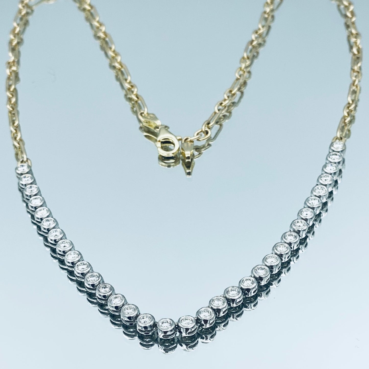 Two Tone Bezel-Set Halfway Diamond Necklace in 14K Yellow and White Gold - L and L Jewelry