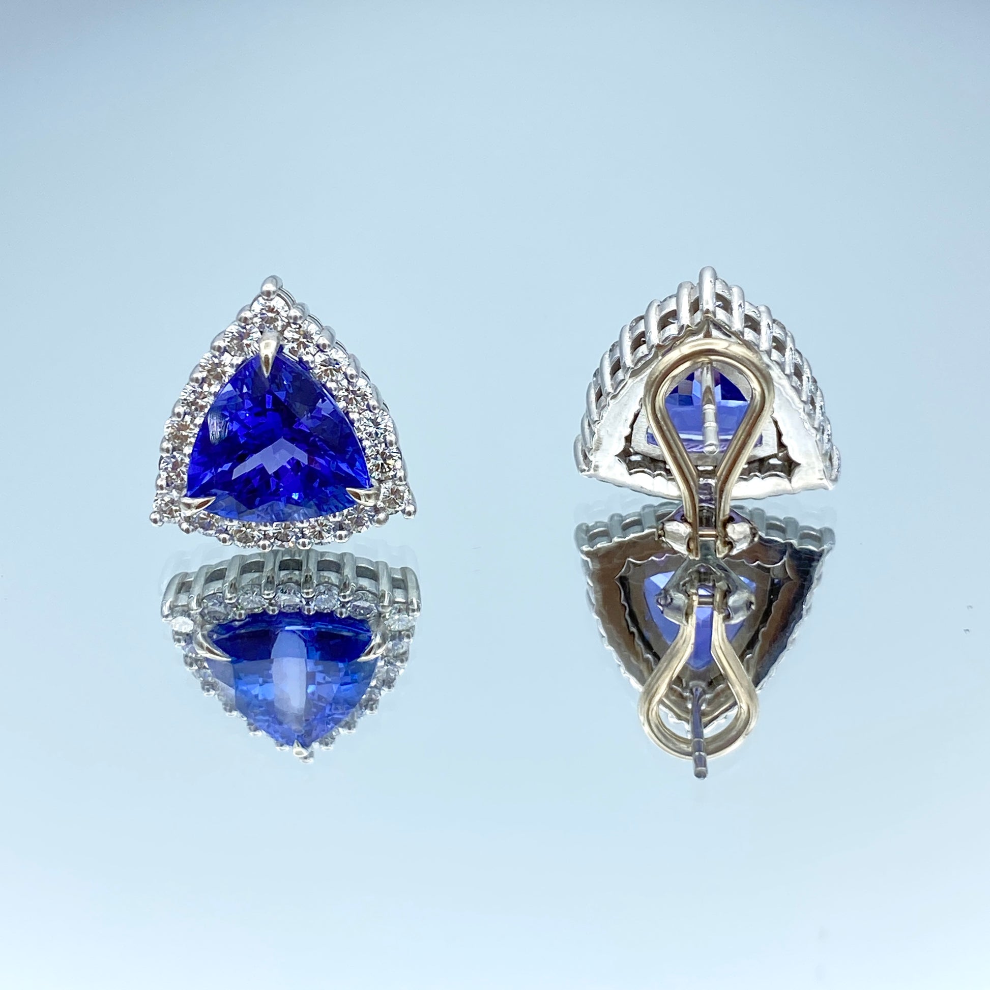 Trillion-Cut Tanzanite Earrings with a Diamond Halo in 14K White Gold - L and L Jewelry