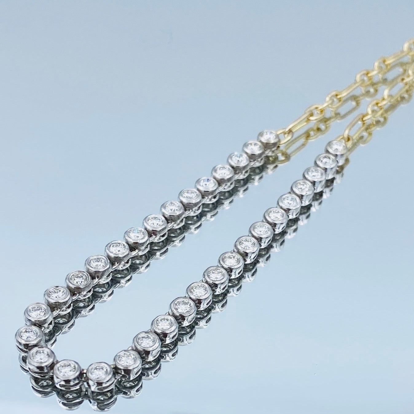 Two Tone Bezel-Set Halfway Diamond Necklace in 14K Yellow and White Gold - L and L Jewelry