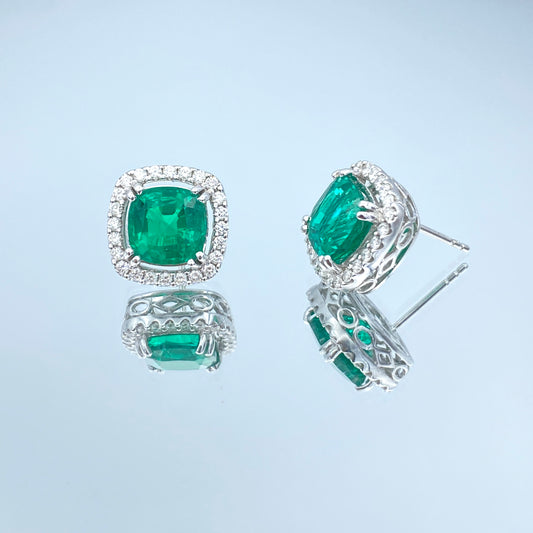 Emerald Earrings with a Diamond Halo in 14K White Gold - L and L Jewelry