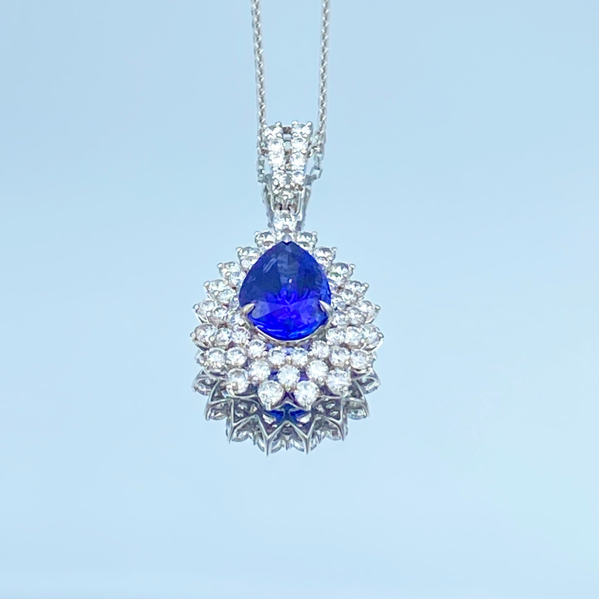 Pear-Cut Tanzanite Pendant with Diamond Halo in 14K White Gold - L and L Jewelry